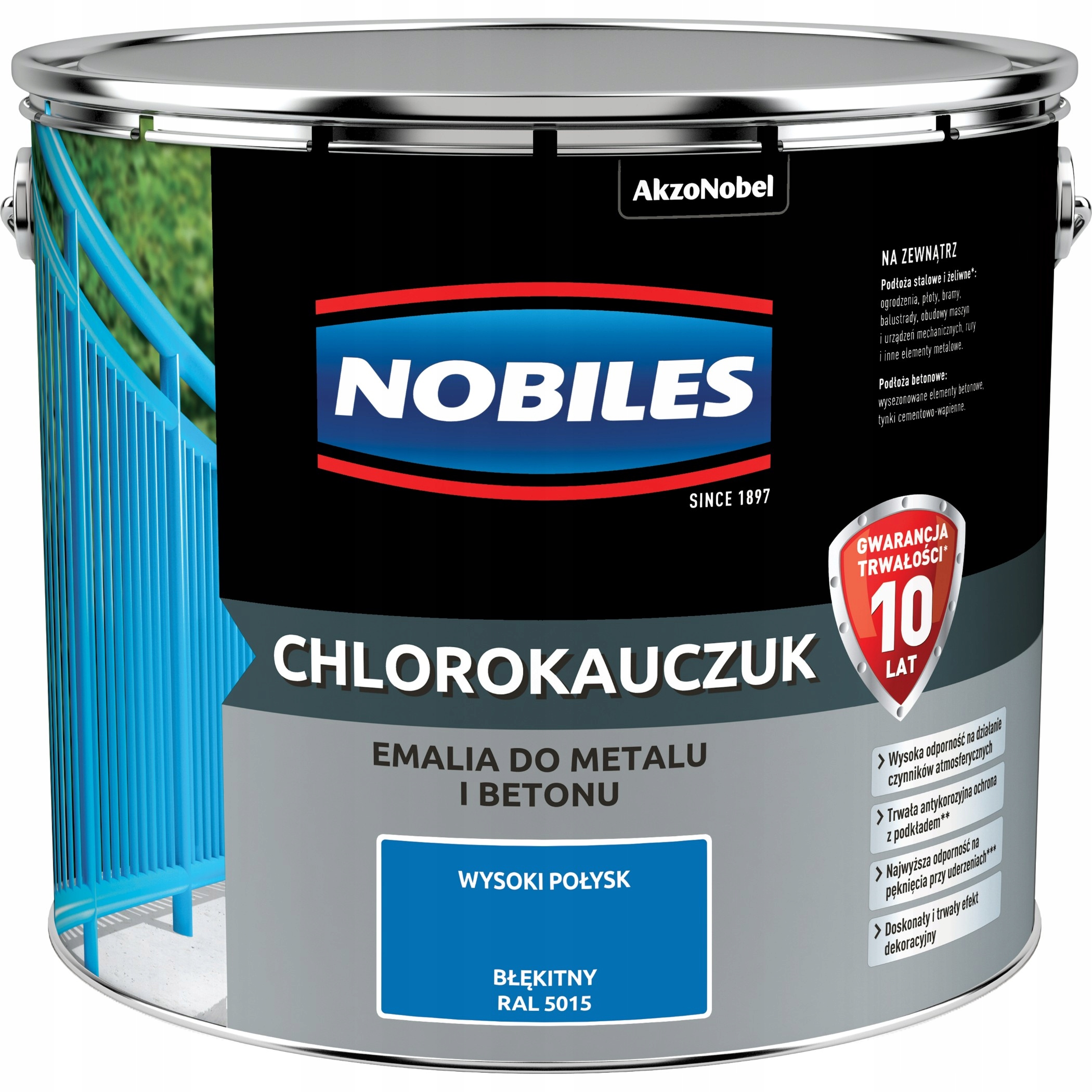 Chlorkaučuk Nobiles smaltovaný na kov, 10 l, odtiene modrého lesku